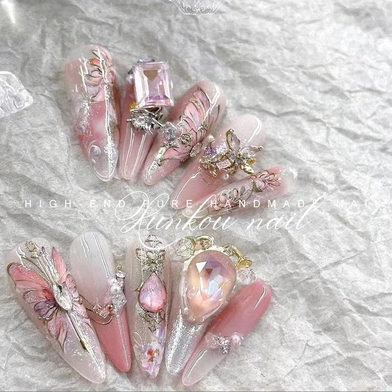 (Hand-Made Nail) Pure Hand-Wear Nail Polish Ice Transparent Nude Pink Flashing Flower Butterfly Blooming Detachable Heavy Hand-Painted