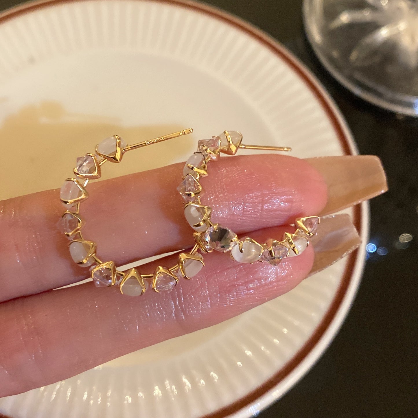 银针猫眼石几何耳环时尚小众轻奢耳钉法式优雅气质高级感耳饰批发