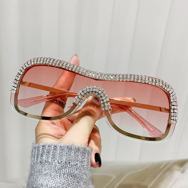 Women's fashion glasses 跨境新款镶钻太阳眼镜酷炫连体金属边朋克墨镜男欧美个性女搞怪
