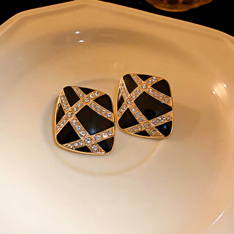 中古银针镶钻方形滴油耳环复古百搭高级感耳钉小众气质耳饰批发女