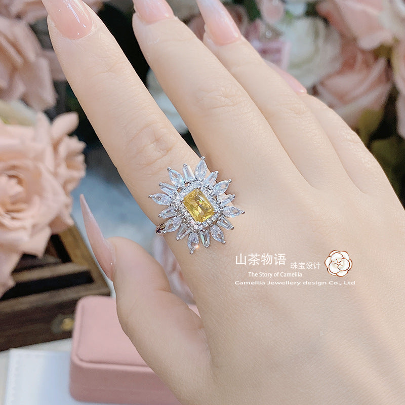 Camellia香港专柜珠宝仿蛋黄宝石戒指 彩宝微镶3A锆石开口指环女