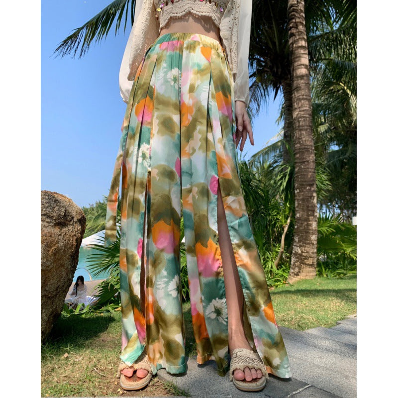 Dopamine pants Free shipping Tattoo Dopamine floral wide-leg pants seaside wear with flower pants summer women's high-waisted trousers bohemian culottes beach pants