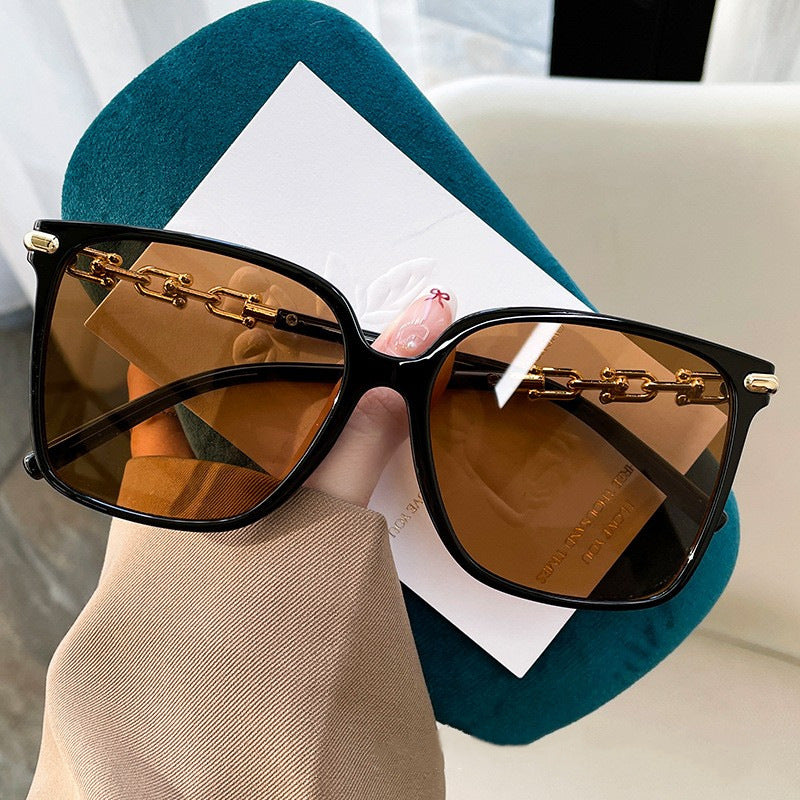 2024 Square frame chain mirror legs, high-end sense, fashionable and trendy women's sunglasses, cross-border European and American minimalist internet famous sunglasses