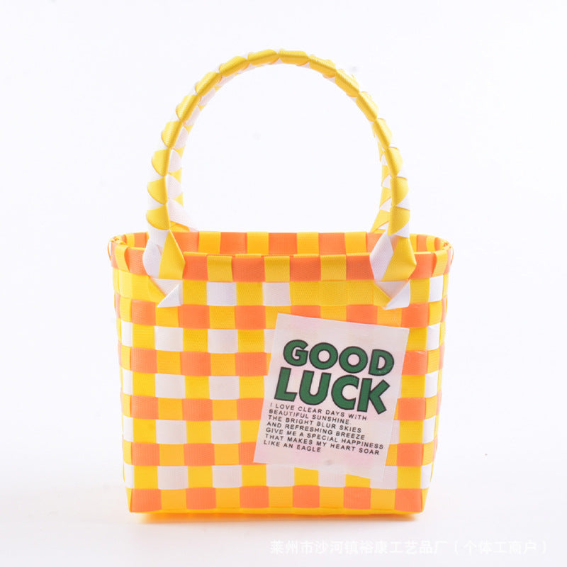 Dopamine Bag Free shipping Tattoo Cartoon dopamine plastic woven bag, trendy macaron hand-woven vegetable basket bag, cute casual seaside beach bag