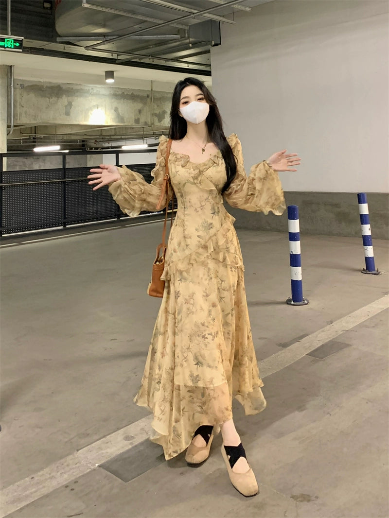 Fashion women's wear French Style Beautiful Yellow Floral Dress Spring plus Size Plump Girls Slimming Fairy Long Dress Style Skirt