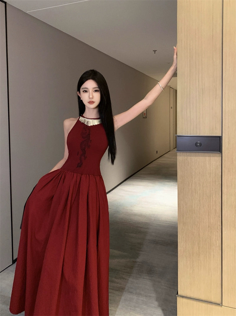 Fashion women's wear New Chinese Style Printed Sleeveless Dress Women's New Waist-Tight Elegant High-Grade Pettiskirt Autumn and Winter Formal Dress