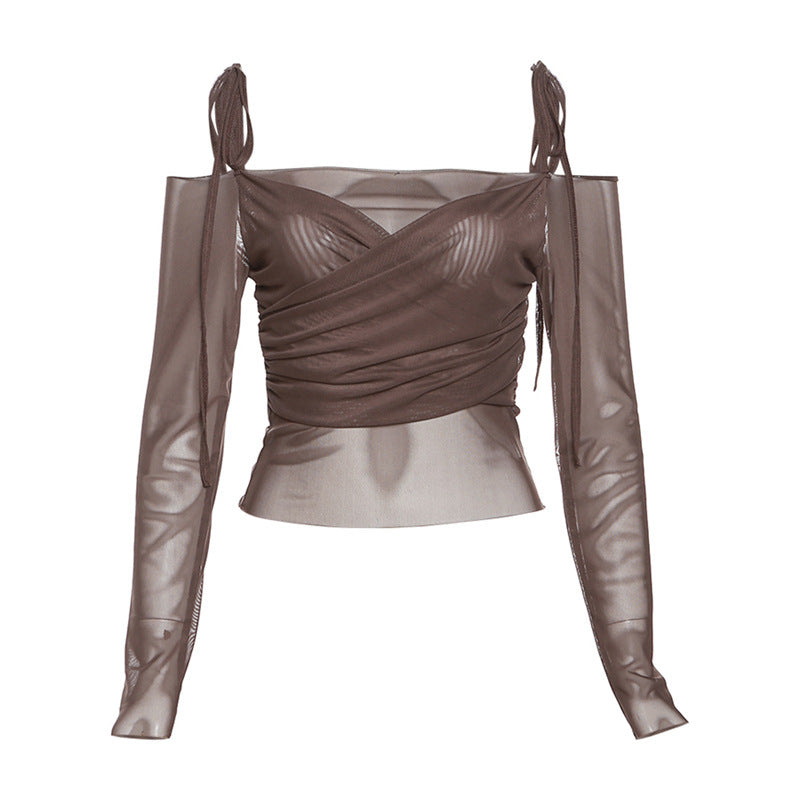 Free shipping Tattoo European and American style 2024 summer new women's clothing Spice Girl one-word collar shoulder sleeves long sleeves waist open button slim T-shirt tops