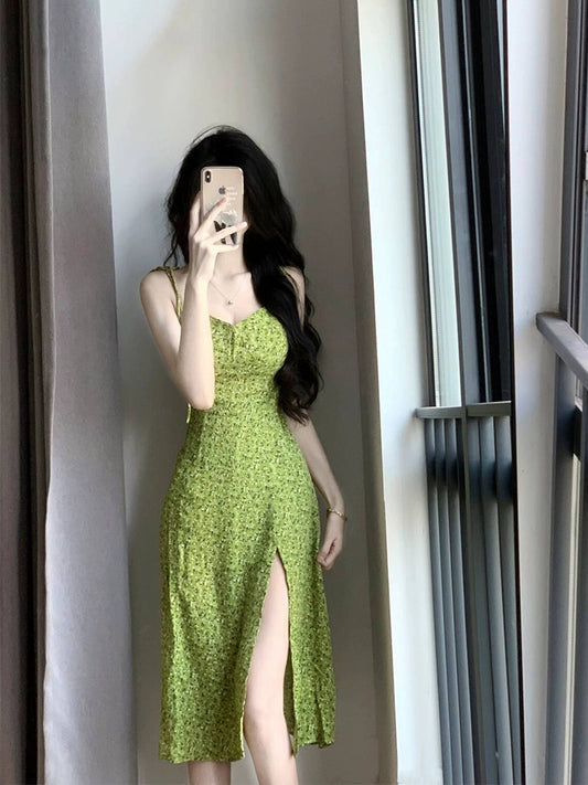 Fashion women's wear French Tea Break Floral Strap Dress Women's Spring and Summer Waist-Tight Temperament Pure Desire Seaside Holiday Split Long Skirt