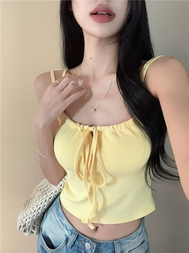 Dopamine tops Free shipping Tattoo Dopamine Thai yellow suspender small vest women's summer wear with chest pad bow chic sleeveless halter top