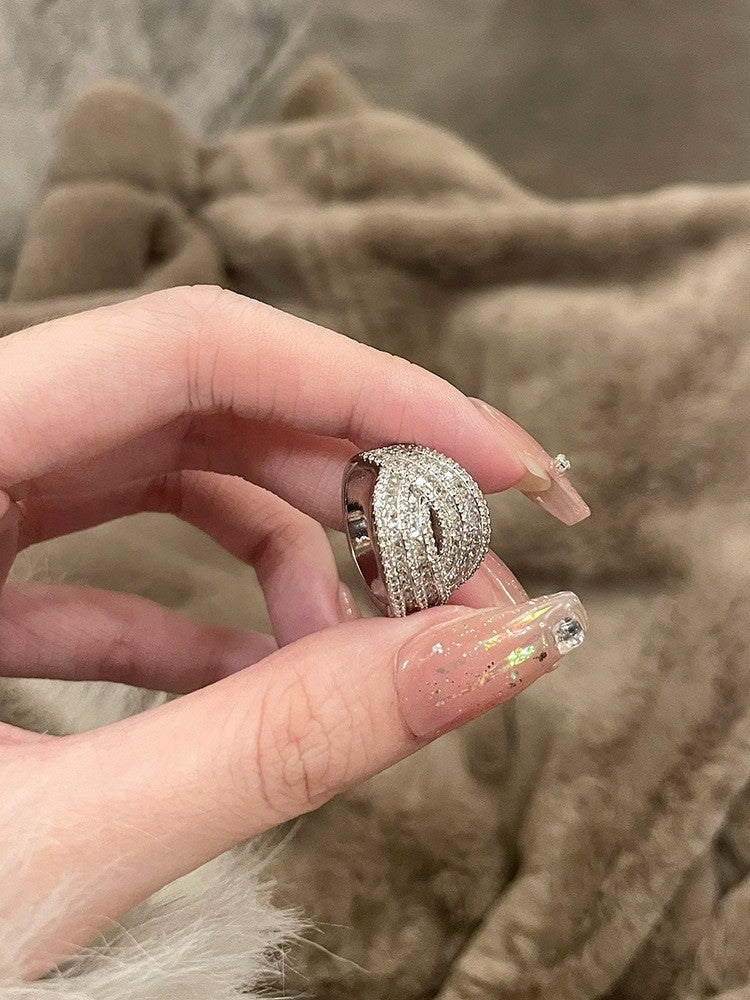 闪亮锆石几何戒指女时尚气质多层线条开口指环ins风网红食指戒潮