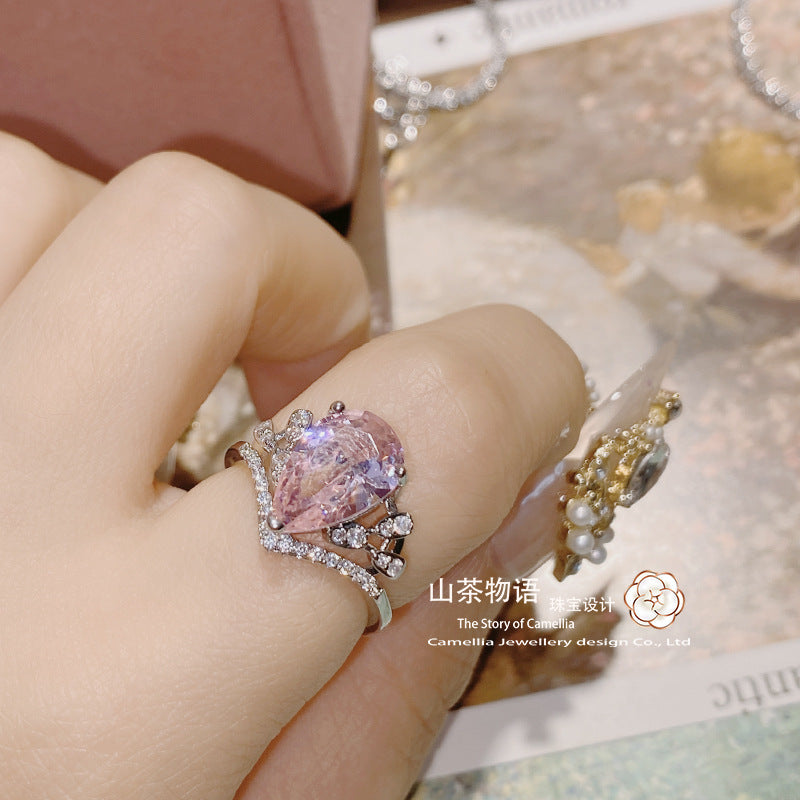 Camellia小众皇冠粉红满钻女戒 镀金强保色欧美时尚璀璨开口戒指