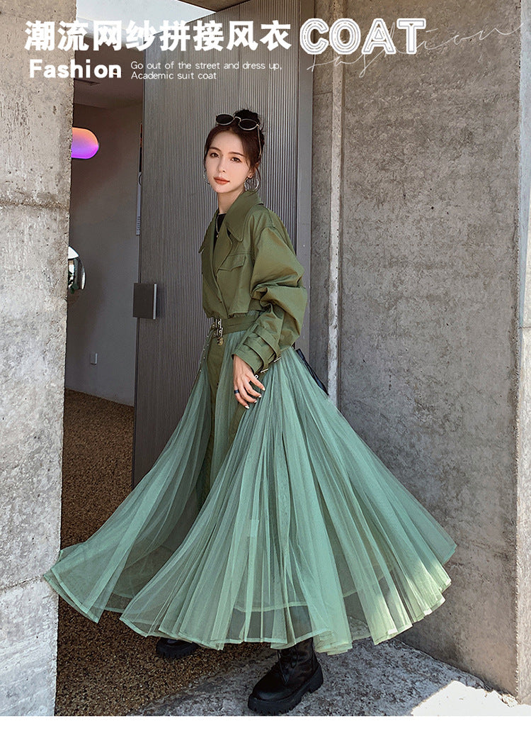 Fashion women's wear A Large Number of in Stock 2024   Purpleflower Holly Leaf Spring and Autumn Trench Coat Women's French Mesh Stitching Casual Temperament Coat