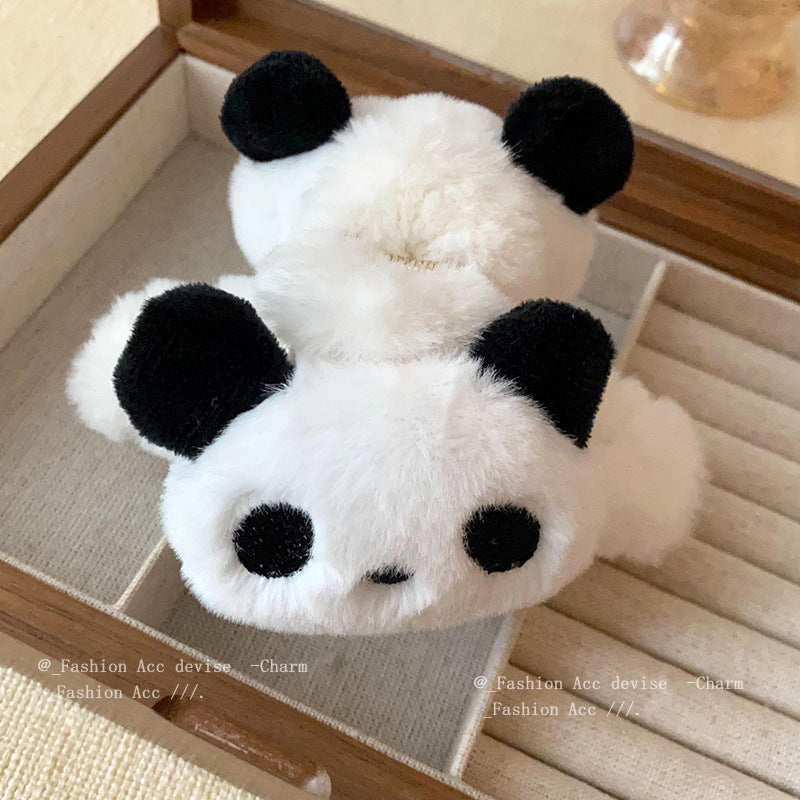 秋冬毛绒卡通熊猫发夹小众甜美百搭鲨鱼夹时尚设计感抓夹发饰批发