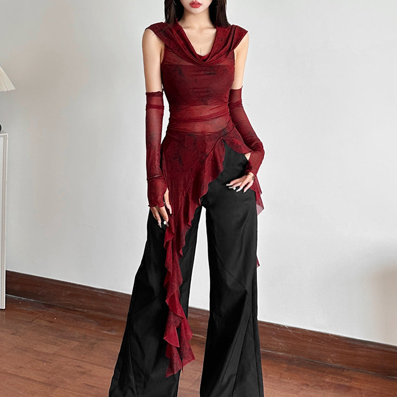 Free shipping   new women's clothing solid color slim street fashion hooded sleeveless gauze top tops