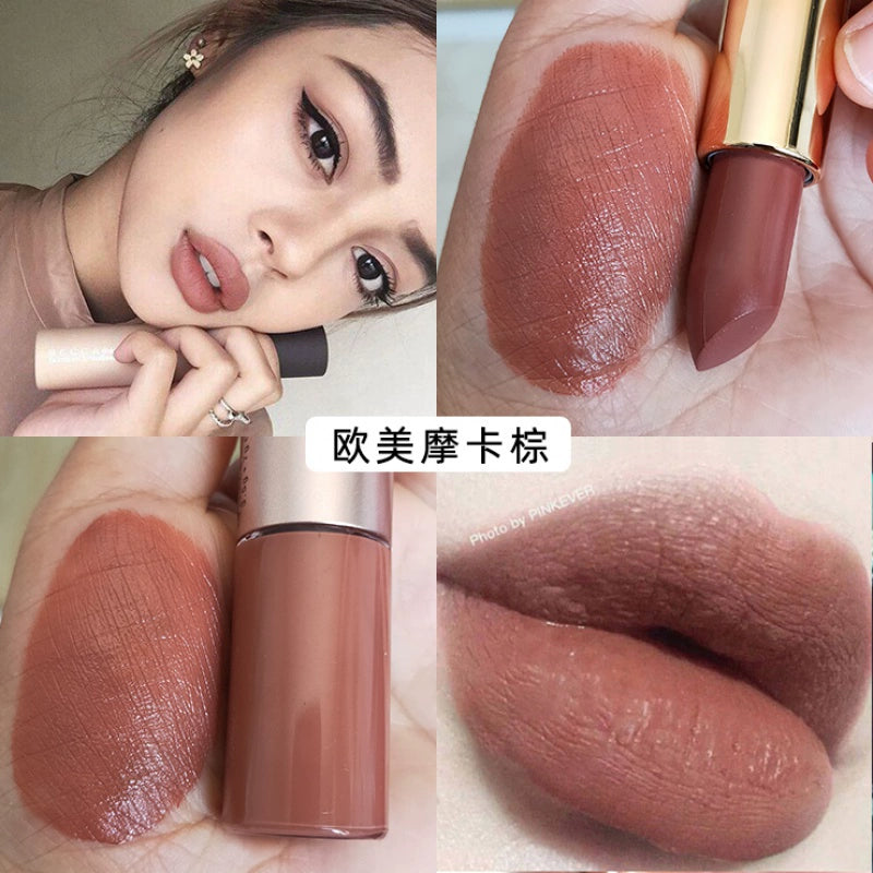 裸色口红唇釉吃土色系欧美妆巧克力女豆沙色深奶茶棕色哑光不粘杯
