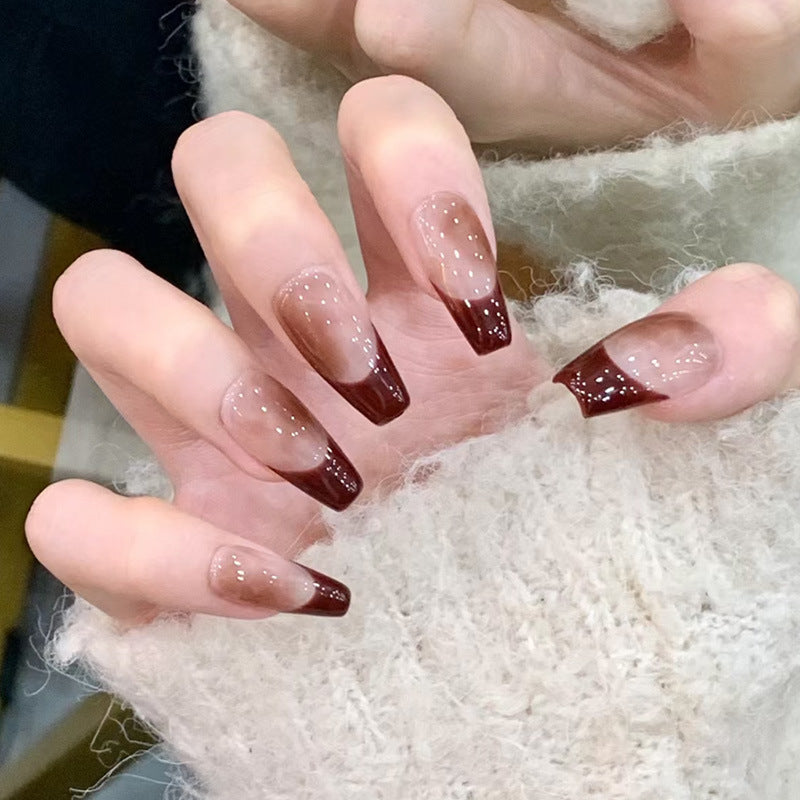 焦糖晕染穿戴甲长款指甲贴法式甲美甲片新款假指甲美甲贴片成品甲