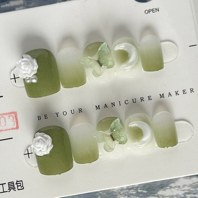 纯手工甲穿戴甲绿野蝴蝶指甲贴片月亮美甲片假指甲网红美甲贴成品