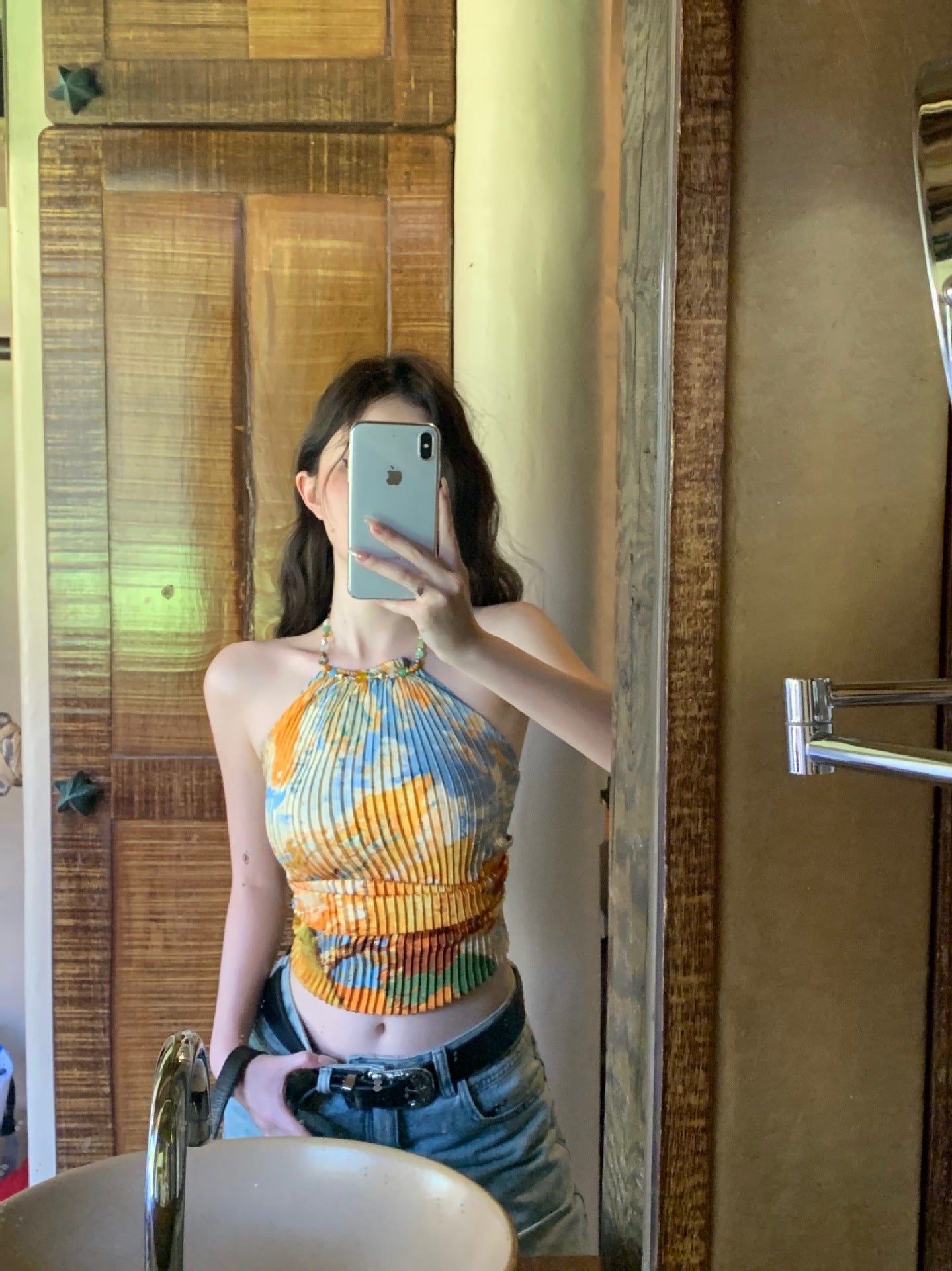 Dopamine tops Free shipping Tattoo Dopamine Thai small suspender with chest pad yellow summer body niche neck thin outer wear top women