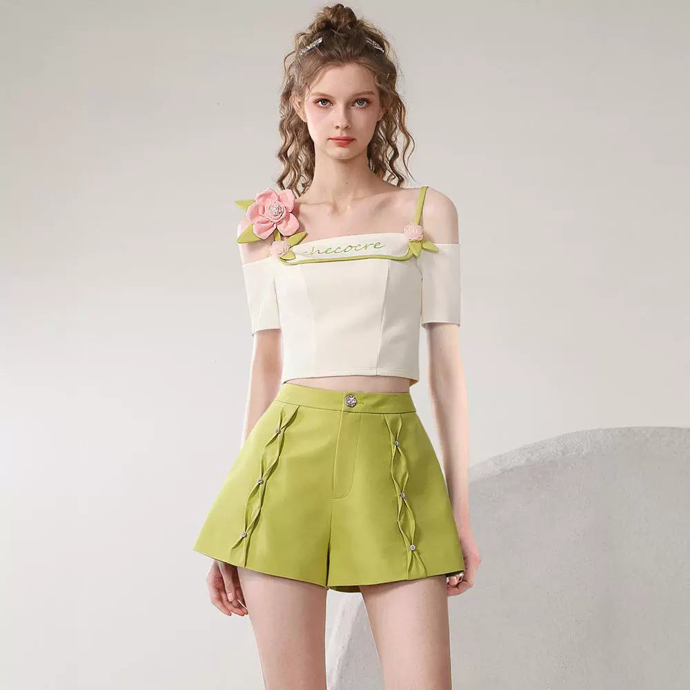 Dopamine tops Free shipping Tattoo Sweet and cool dopamine top 24 years summer tender pink flower one-word shoulder contrasting color suspender off-the-shoulder short-sleeved T-shirt