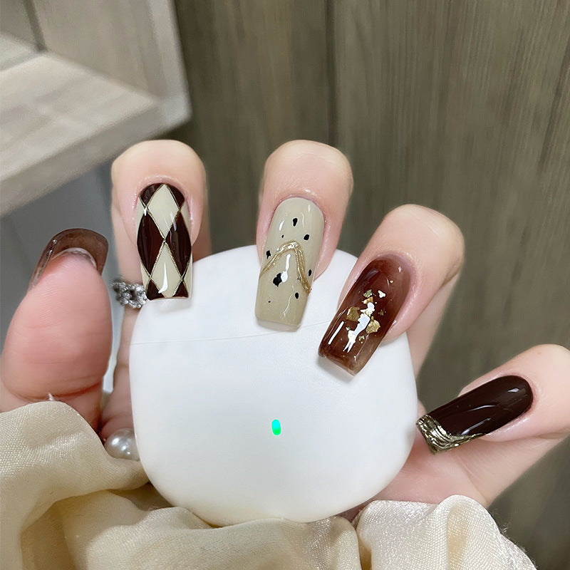 咖啡金箔穿戴甲秋冬指甲贴片菱格美甲片晕染假指甲美甲贴片成品甲
