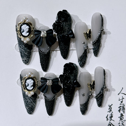 Hand-Worn Nail Sweet Cool Dark Baroque Beauty Head Camellia Long Pointed Nail Nail Stickers