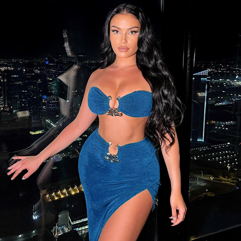 Fashion women's wear  Women's Clothing New Tube Top Open Navel Backless Top Sexy Slit Sheath Skirt Two-Piece Set