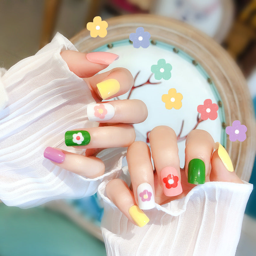 Fashion  nail Wear Nail Full Stickers Cute Flower Manicure Fake Nails Removable Nail Sticker Multi-Color Nail Tip Finished S49