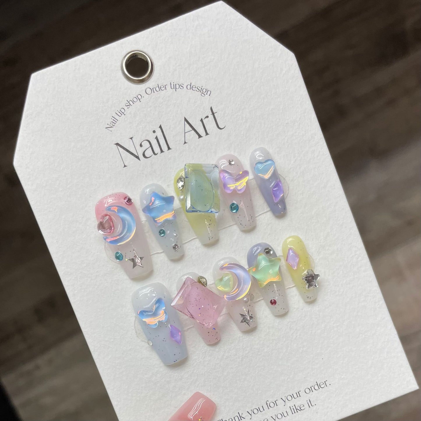 (reusable nail)Dopamine candy color aurora mocha beautiful girl dreamy stars wearing armor super cute moon stars wearing fake fingers