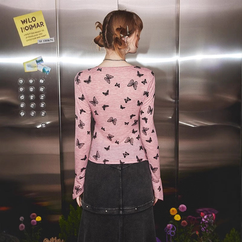 Dopamine tops Free shipping Tattoo Autumn and winter new pink long-sleeved t-shirt pure sweet and cool Spice Girl design sense V-neck cardigan gentle Versailles top