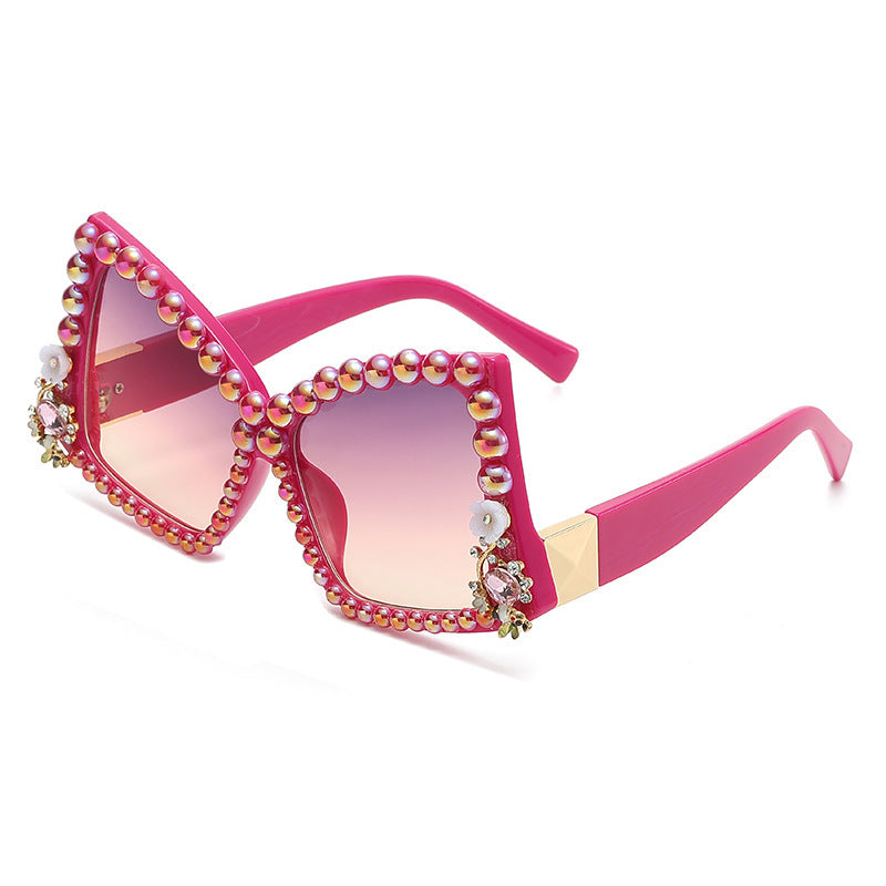 Women's fashion glasses 欧美镶钻眼镜时尚墨镜女跨境不规则镶珍珠太阳镜大框蝴蝶结墨镜