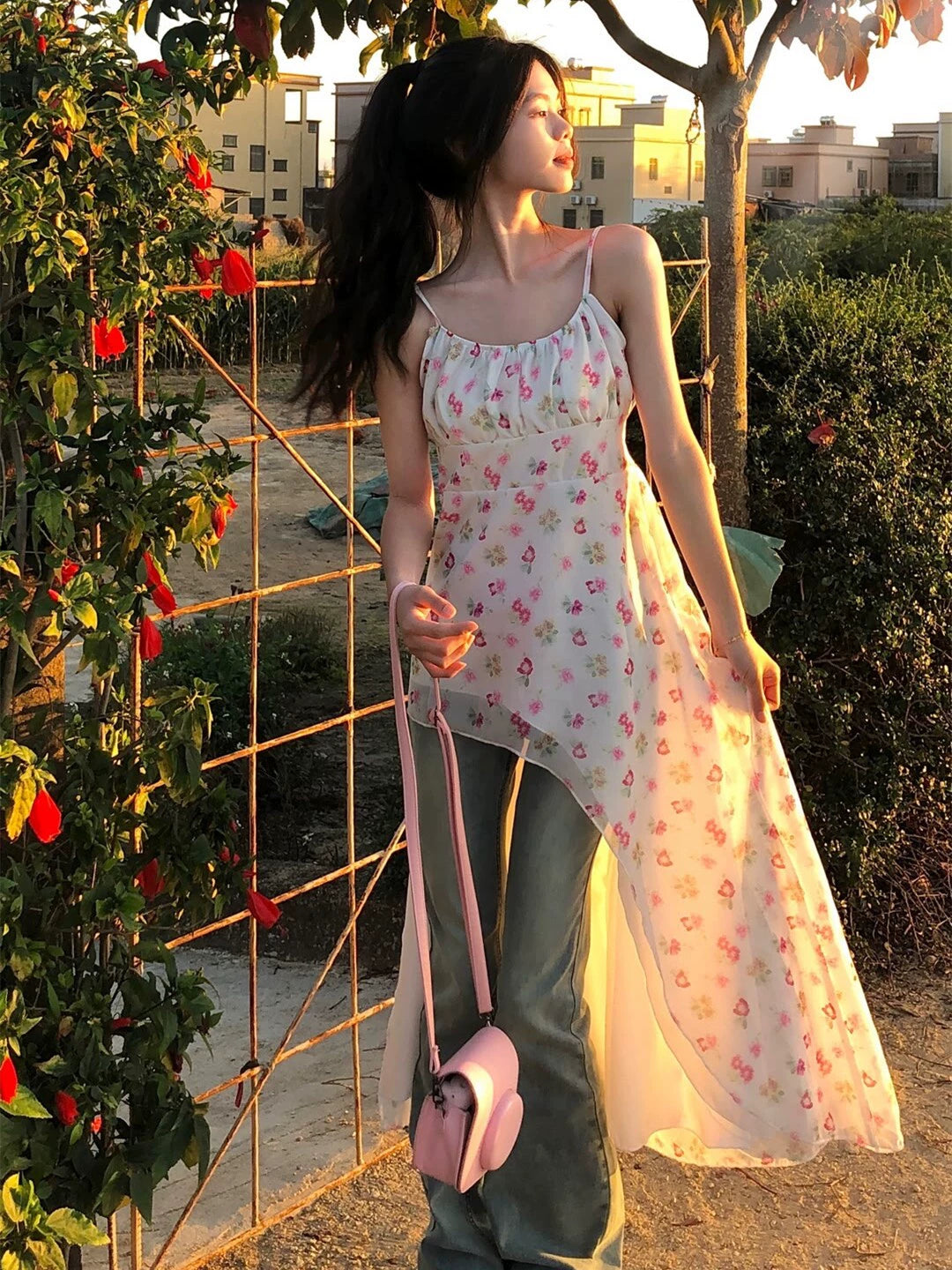 Fashion women's wear Girl Dress Irregular Floral Floral Dress Women's Summer Sweet Temperament Slant-Cut Bottom Waist Trimming Spaghetti Straps Long Dress
