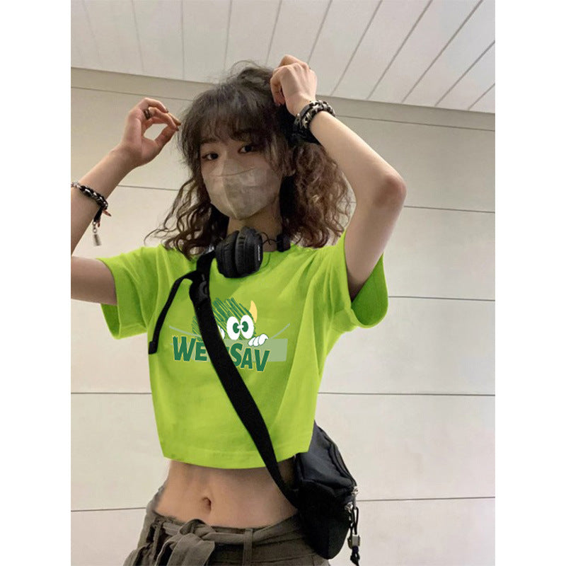 Dopamine tops Free shipping Tattoo Small Dopamine Wear Fluorescent Green Navel Short Sleeve Women's Summer French Sweet and Spicy Jazz Tights