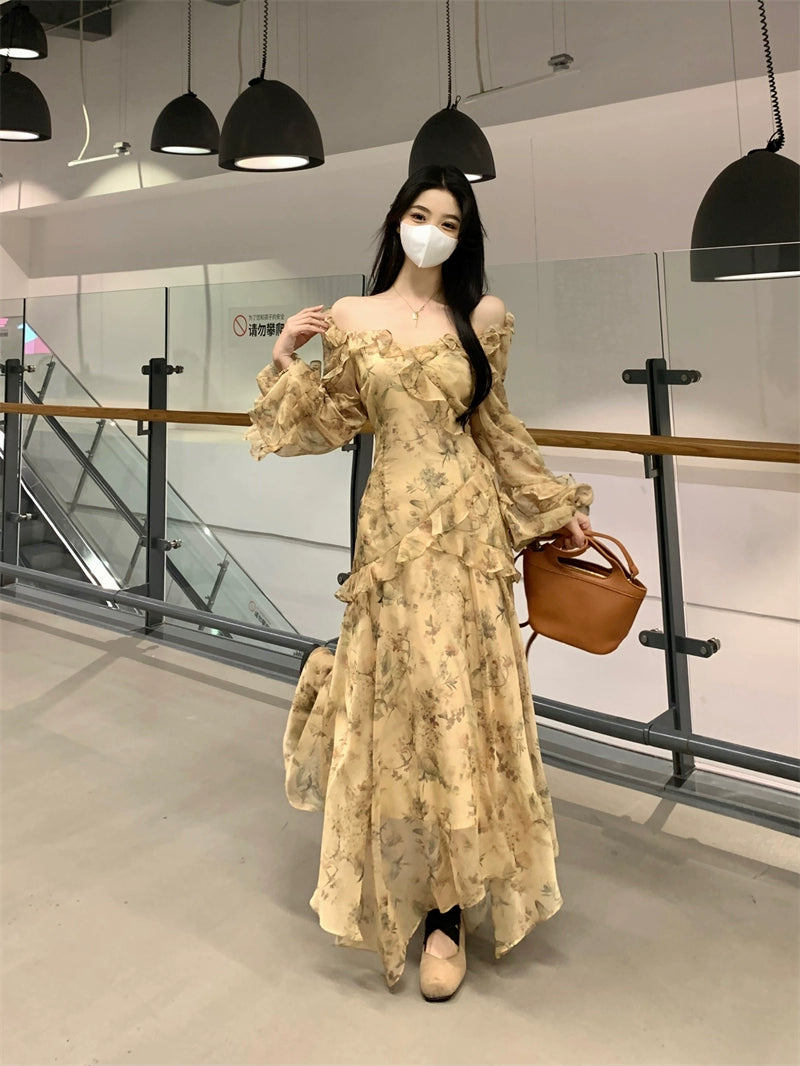 Fashion women's wear French Style Beautiful Yellow Floral Dress Spring plus Size Plump Girls Slimming Fairy Long Dress Style Skirt