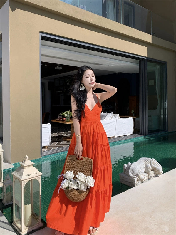 Fashion women's wear Yunnan Travel Photography Fairy Dress Orange Deep V-neck Backless Sling Dress Sanya Seaside Beach Skirt Female