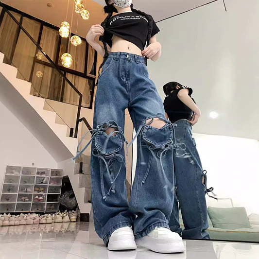 Dopamine pants Free shipping Tattoo Jeans women's spring dopamine wear retro love strap design sense straight women's pants tide