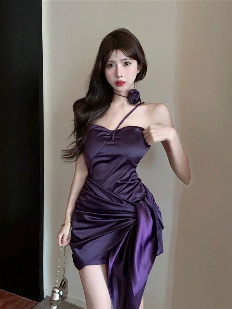 Fashion women's wear Purple Satin Tube Top Dress Women Xiacnee Want Sexy Sheath Beautiful Little Mom Short Skirt Irregular Halterneck Skirt