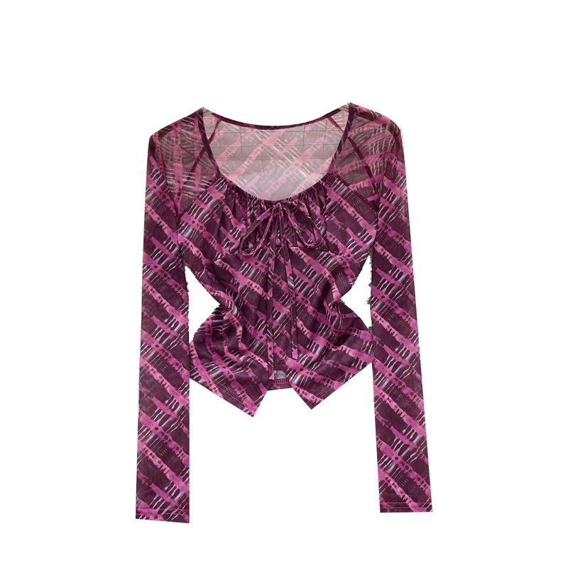 Dopamine tops Free shipping Tattoo Sweet and cool Spice Girl Style Tulle Floral Shirt Women's Autumn Strap Exposed Navel Design Sense Skinny Unique Pure Desire Top Trend