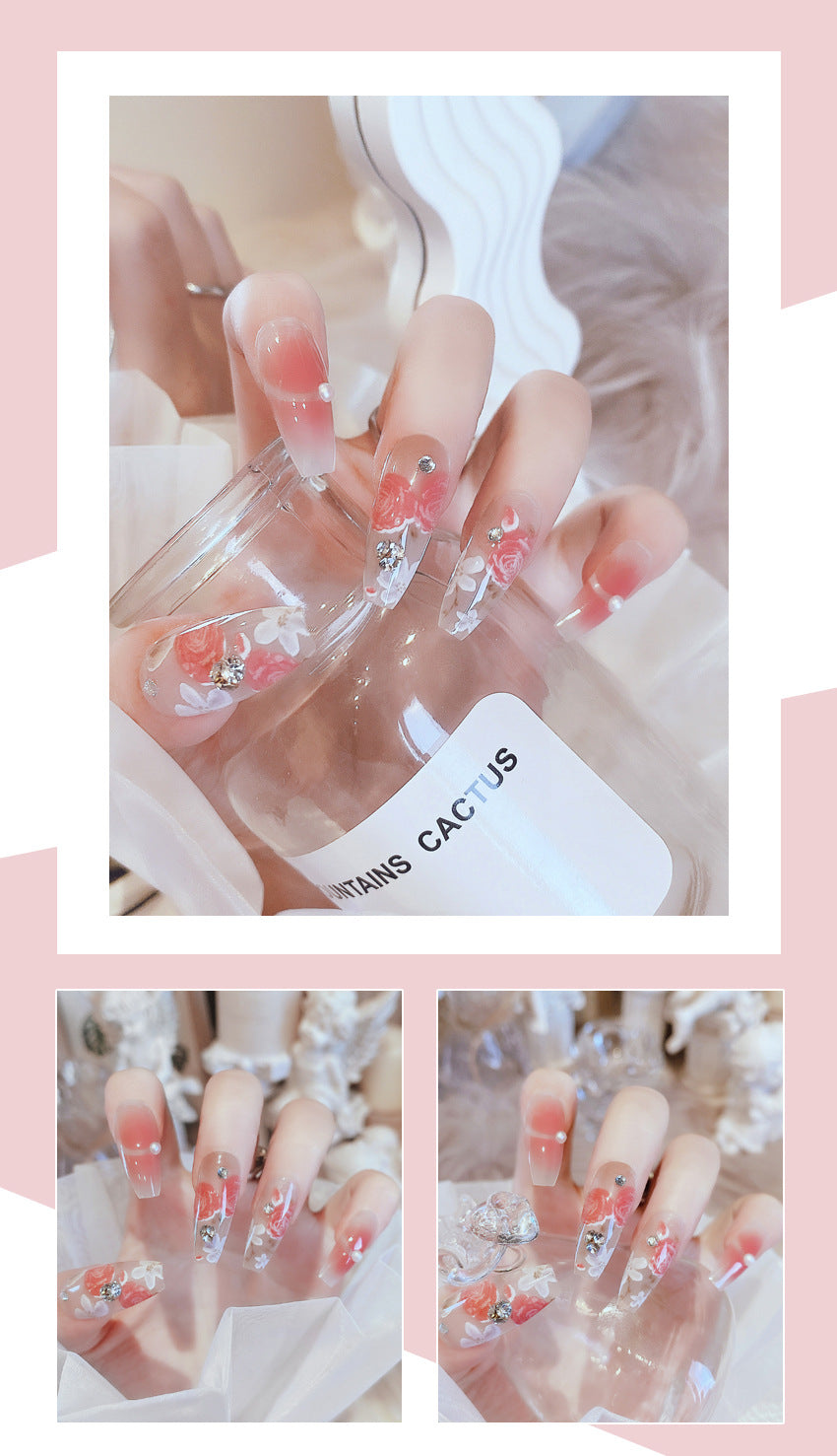 Fashion  nail New Rendering Flower Long Finished Nail Beauty Wearable Fake Nails Removable Nail Tip Wearable Armor X76