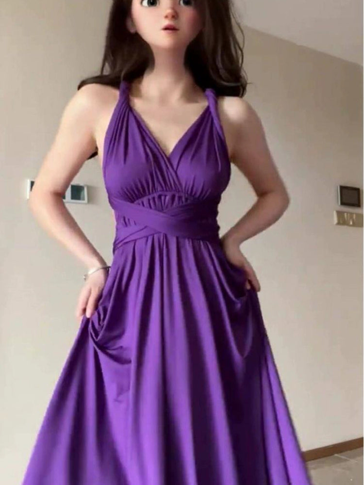 Fashion women's wear Purple Strap Dress Texture High-Grade Waist Slimming Adult Lady like Woman Beautiful Luxurious Style French Long Skirt Summer