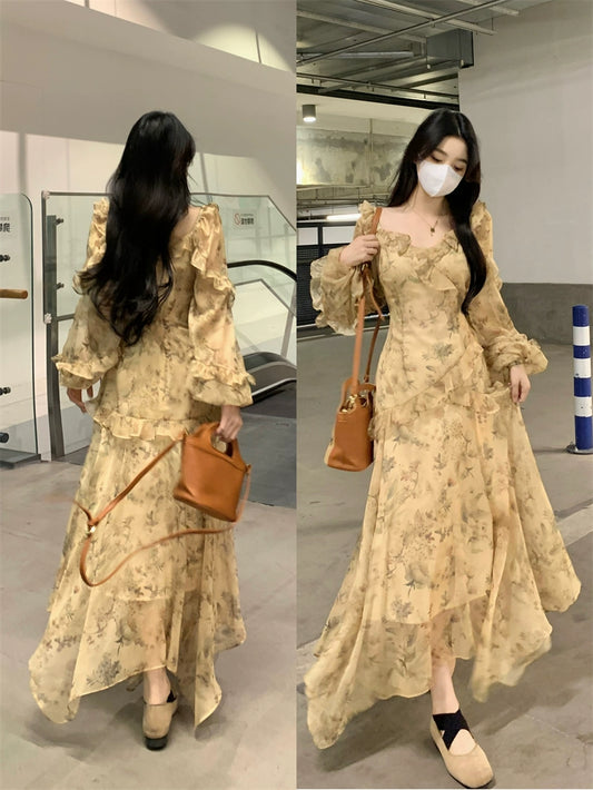 Fashion women's wear French Style Beautiful Yellow Floral Dress Spring plus Size Plump Girls Slimming Fairy Long Dress Style Skirt