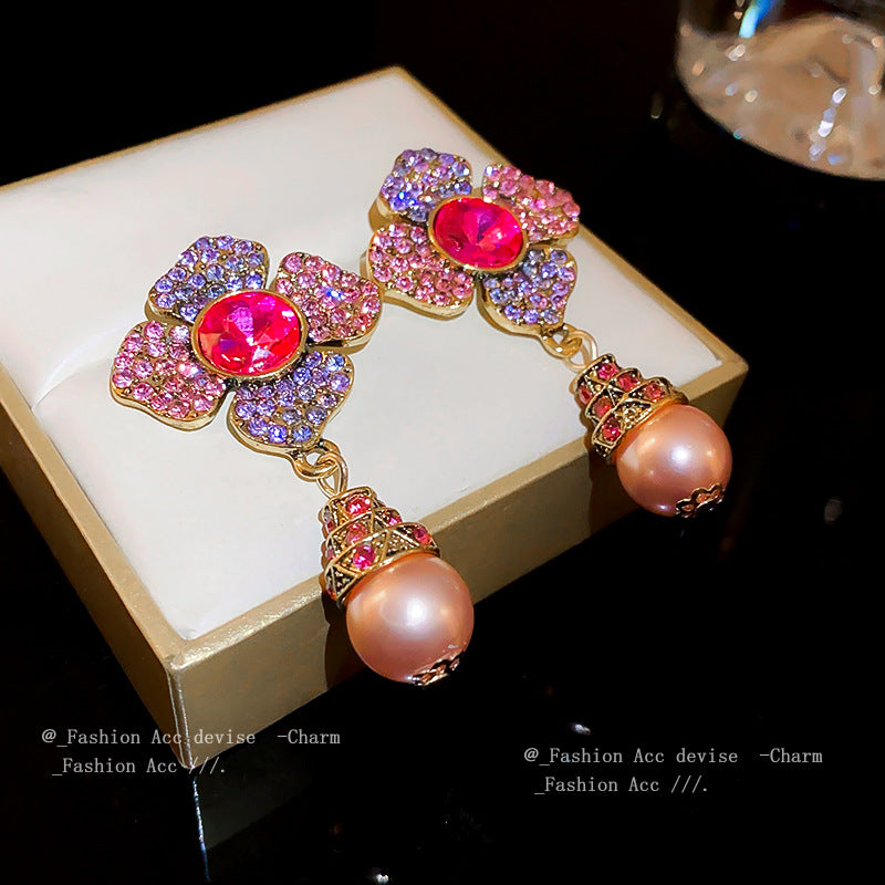 银针镶钻花朵珍珠耳环中古风轻奢气质耳钉复古时尚高级感耳饰批发