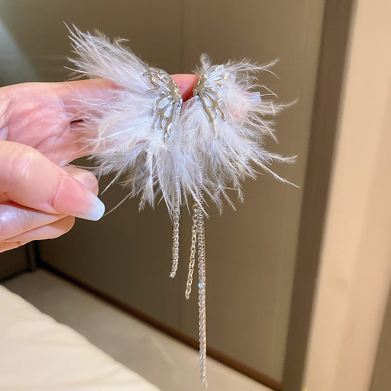 超仙羽毛珍珠流苏耳挂小众个性设计感无耳洞耳环ins气质耳饰批发