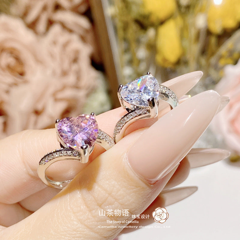 Camellia直播热卖新品仿粉红碧玺心形开口戒指女 活口爱心锆指环