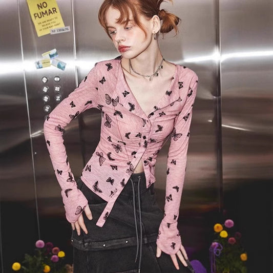 Dopamine tops Free shipping Tattoo Autumn and winter new pink long-sleeved t-shirt pure sweet and cool Spice Girl design sense V-neck cardigan gentle Versailles top