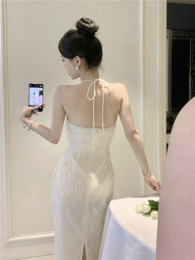 Fashion women's wear French Backless Tassel Halter Spaghetti Straps Dress Women's Spring Temperament Advanced Sexy Engagement License Birthday Party Formal Dress