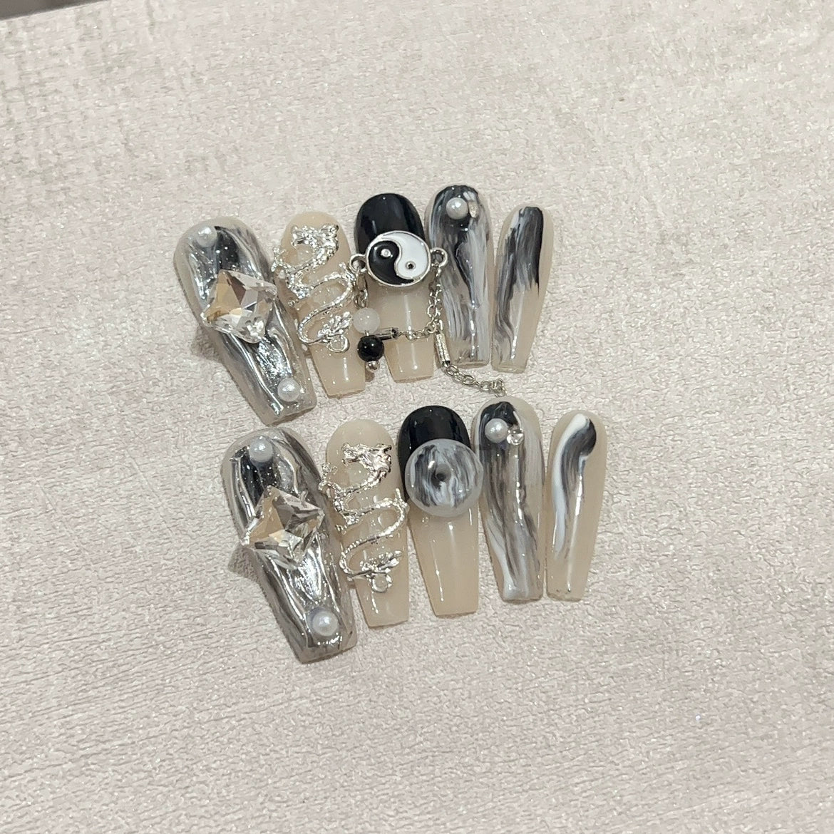 (Hand made nail) [Tai Chi] Handmade armor wearing ink style long ladder chain with detachable Chinese style light therapy nail dragon element cool girl