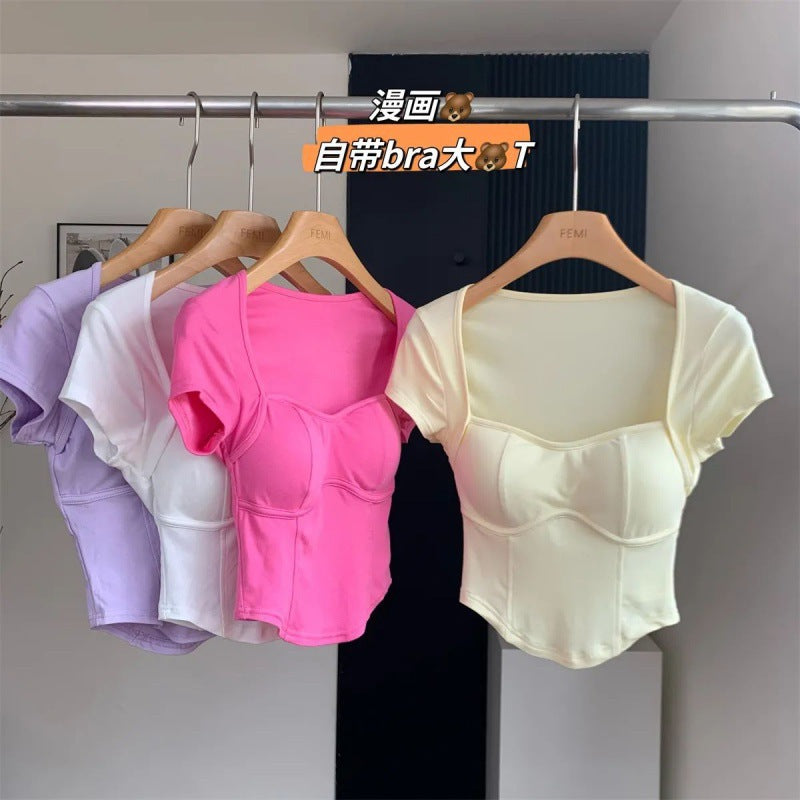 Dopamine tops Free shipping Tattoo Dopamine top 2023 comes with bra big U-neck short-sleeved T-shirt for women's summer slim and thin, fast AliExpress cross-generation hair