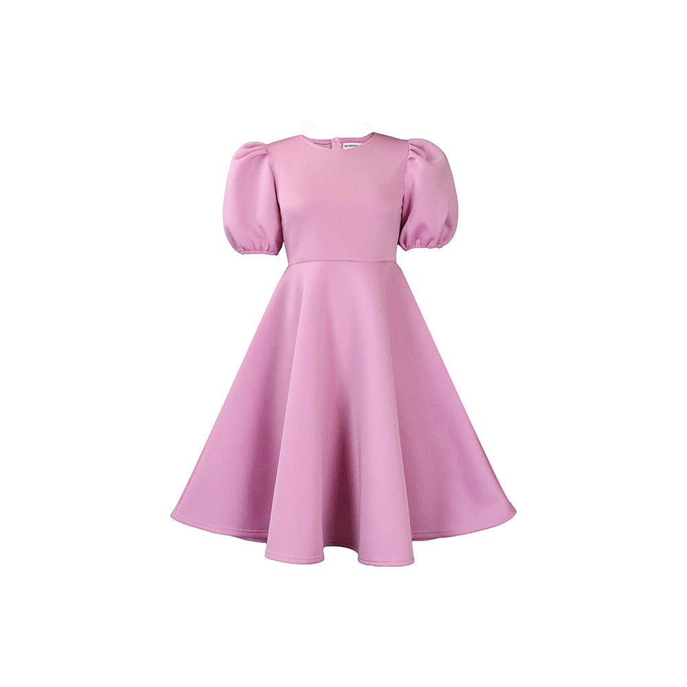 Fashion women's wear Cross-Border European and American Amazon Summer round Neck Graceful Puff Sleeve Waist-Controlled Large Hem Elegant A- line Foreign Trade Dress