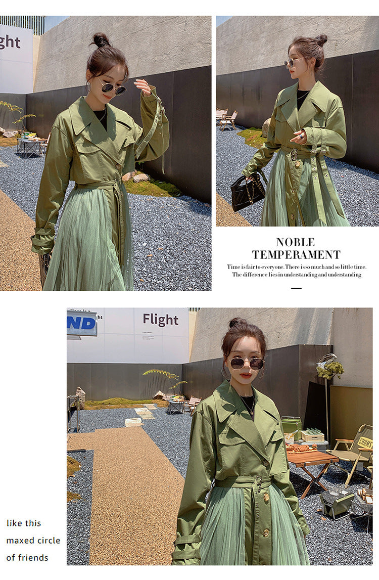 Fashion women's wear A Large Number of in Stock 2024   Purpleflower Holly Leaf Spring and Autumn Trench Coat Women's French Mesh Stitching Casual Temperament Coat
