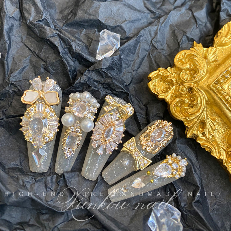 Hand-Made Nail Factory Straight Hair Luxury Ancient Greek Myth Flash Diamond Vintage Court Style Detachable Manicure